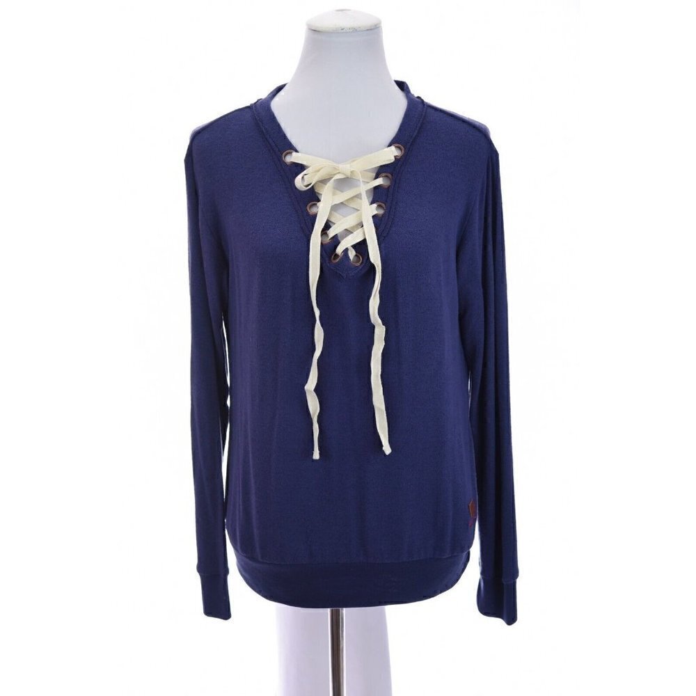 Peace Love World Womens Lace Up Knit Pullover Top Alina Villasante Blue Sz XS